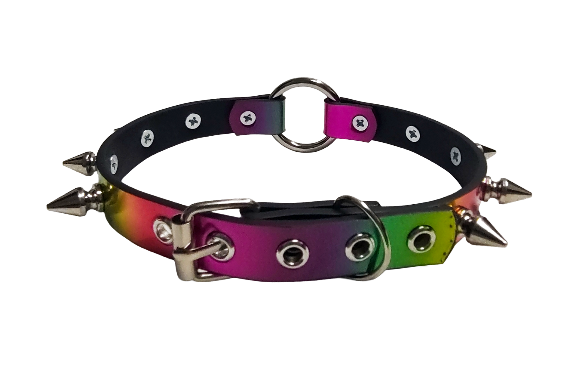 Faux leather holographic rainbow spiked collar with o-ring back view