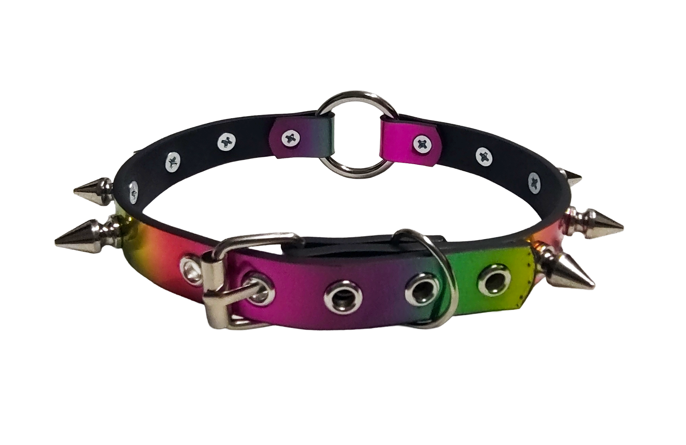 Faux leather holographic rainbow spiked collar with o-ring back view