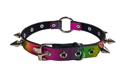 Faux leather holographic rainbow spiked collar with o-ring back view