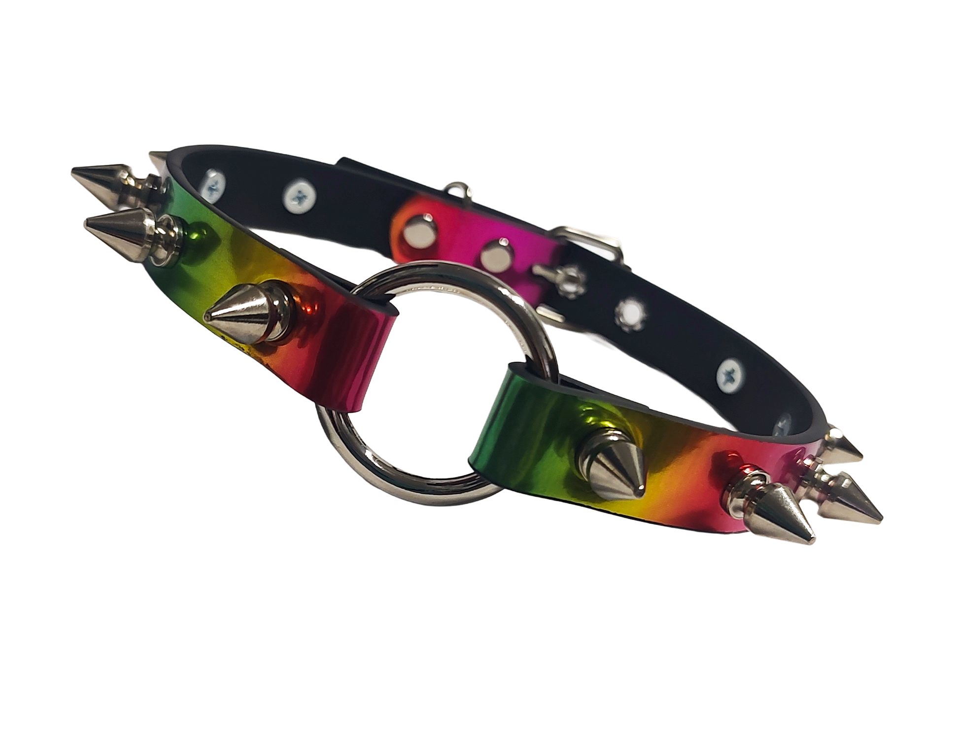 Faux leather holographic rainbow spiked collar with o-ring front view