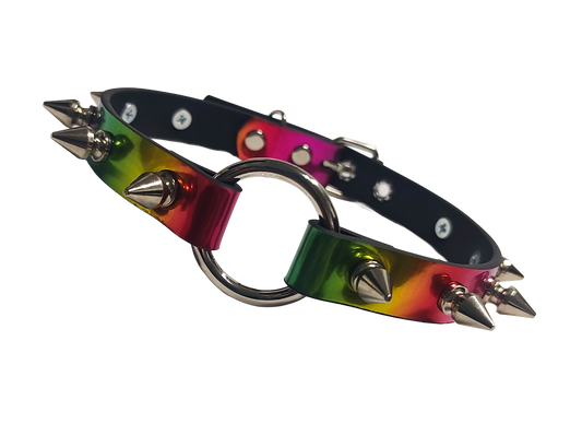 Faux leather holographic rainbow spiked collar with o-ring front view