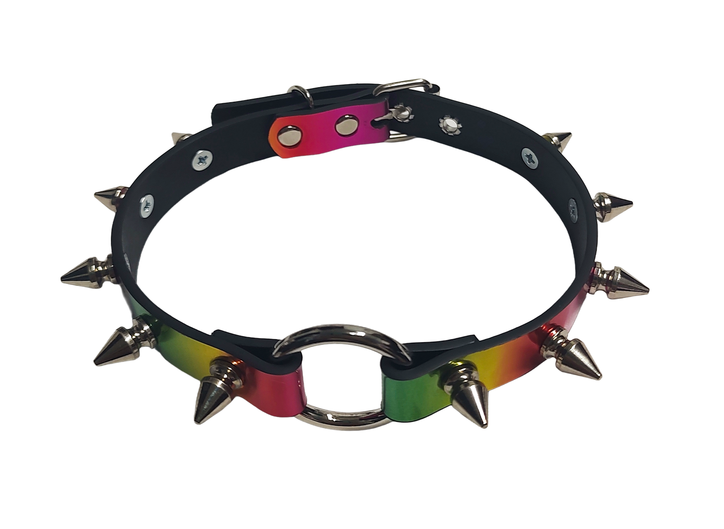 Faux leather holographic rainbow spiked collar with o-ring Top view