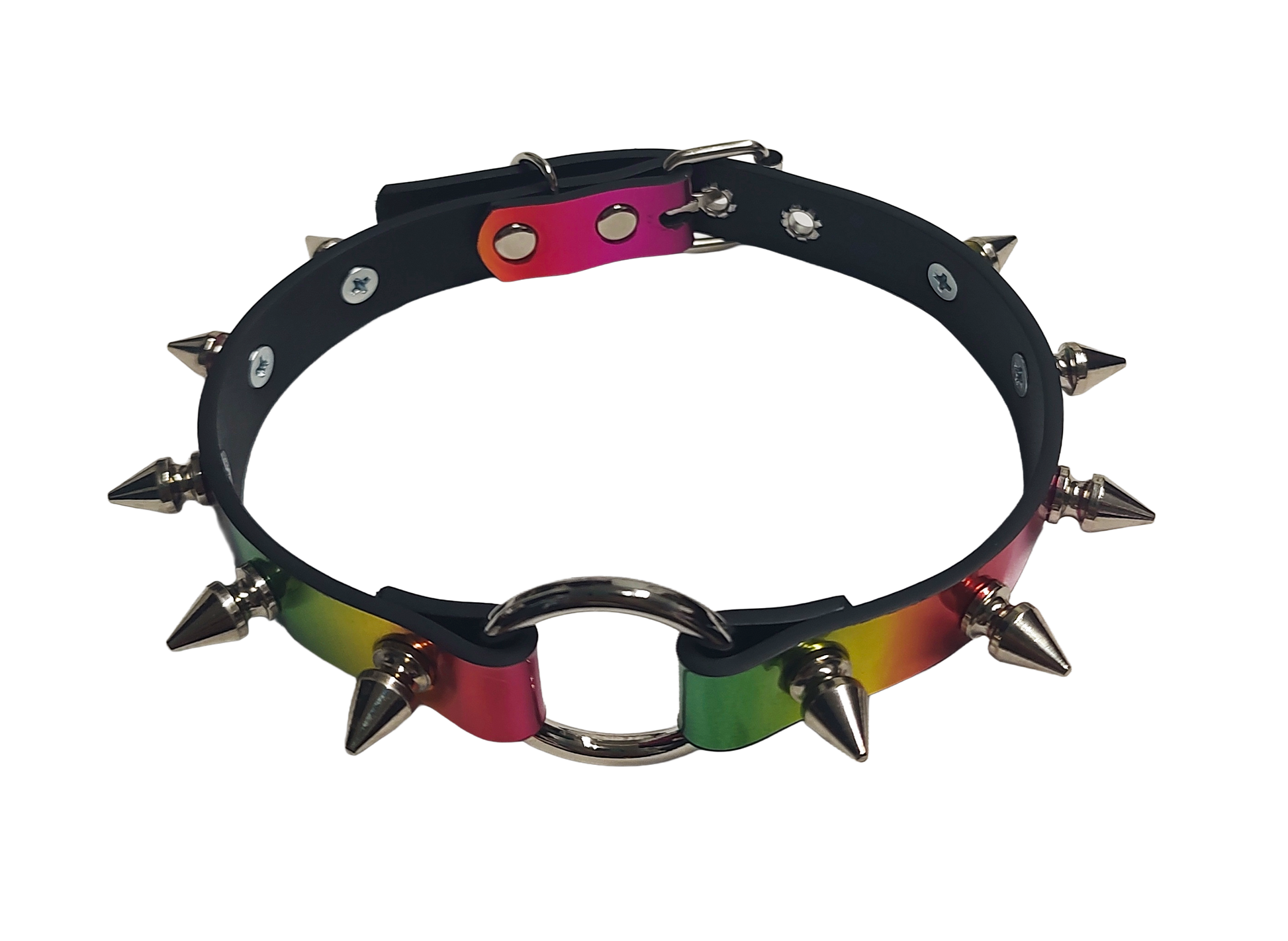 Faux leather holographic rainbow spiked collar with o-ring Top view