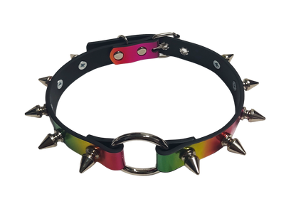 Faux leather holographic rainbow spiked collar with o-ring Top view