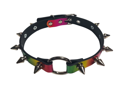 Faux leather holographic rainbow spiked collar with o-ring Top view