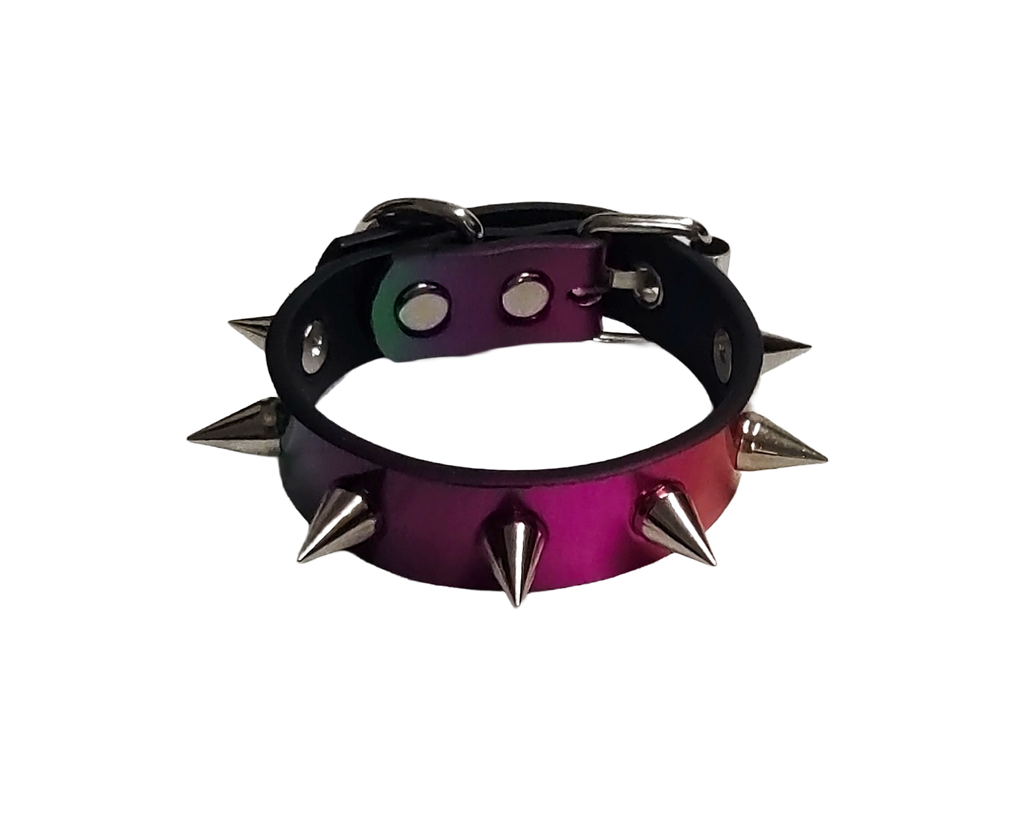 Holographic rainbow faux leather spike cuff bracelet top view