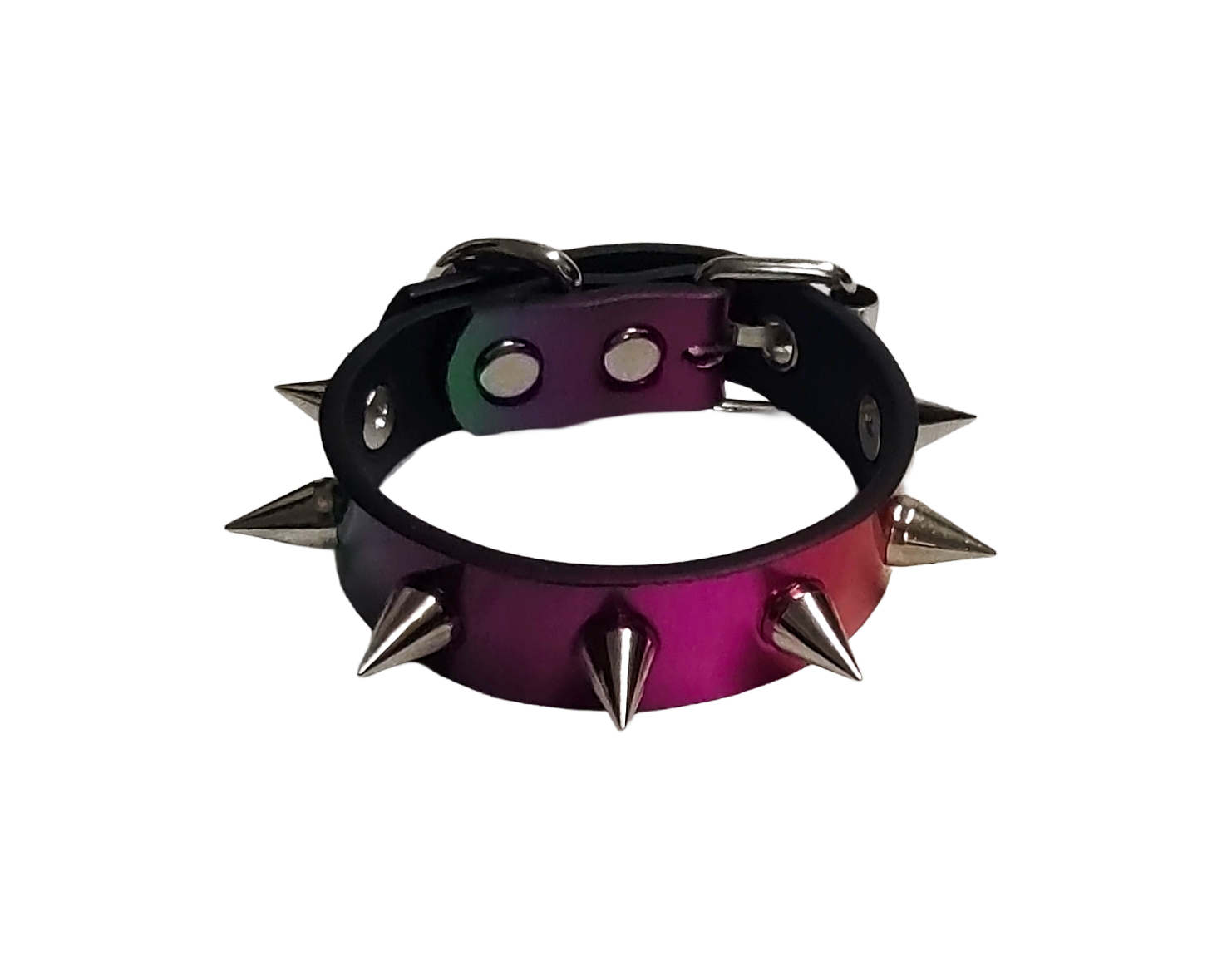 Holographic rainbow faux leather spike cuff bracelet top view