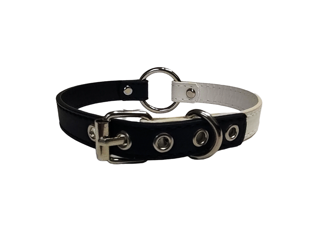 Black and white faux leather o ring collar back view