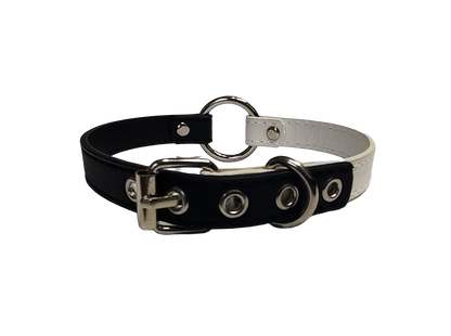 Black and white faux leather o ring collar back view
