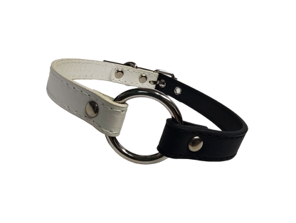 Black and white faux leather o ring collar front view