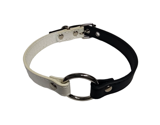Black and white faux leather o ring collar top view