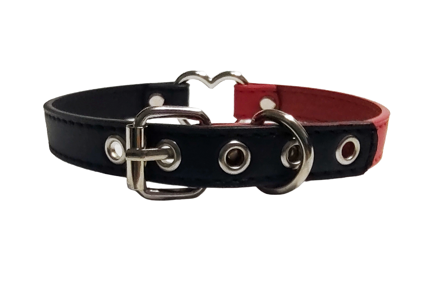 Black and red faux leather heart ring choker collar back view