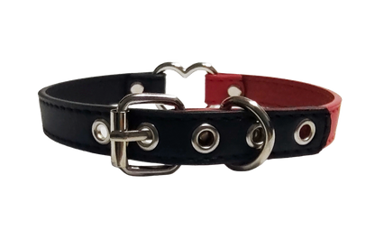 Black and red faux leather heart ring choker collar back view