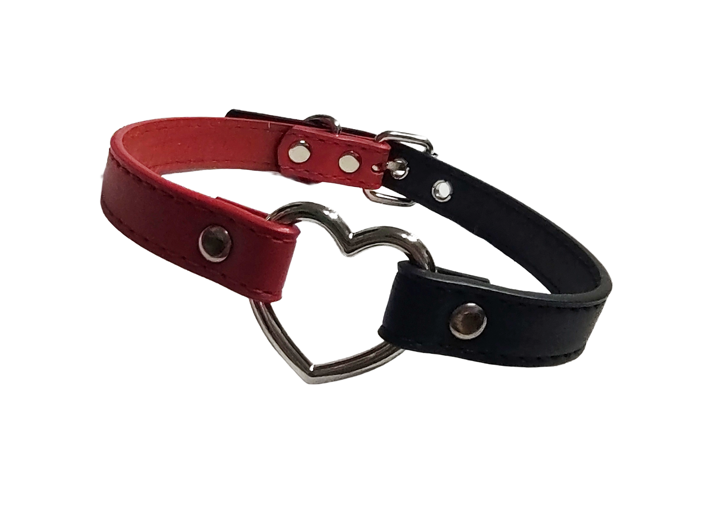 Black and red faux leather heart ring choker collar front view