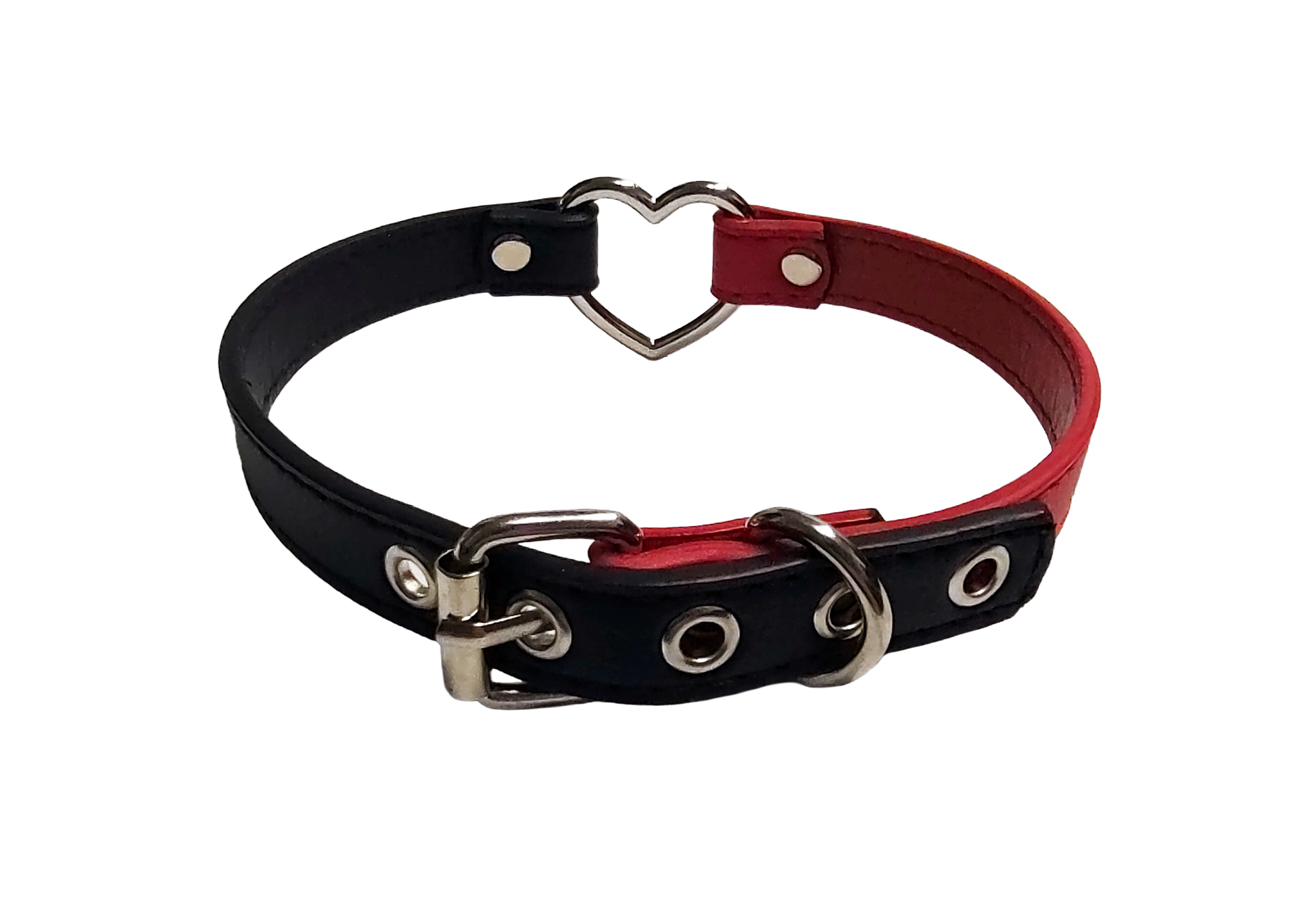 Black and red faux leather heart ring choker collar top back view