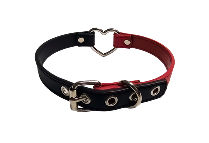 Black and red faux leather heart ring choker collar top back view