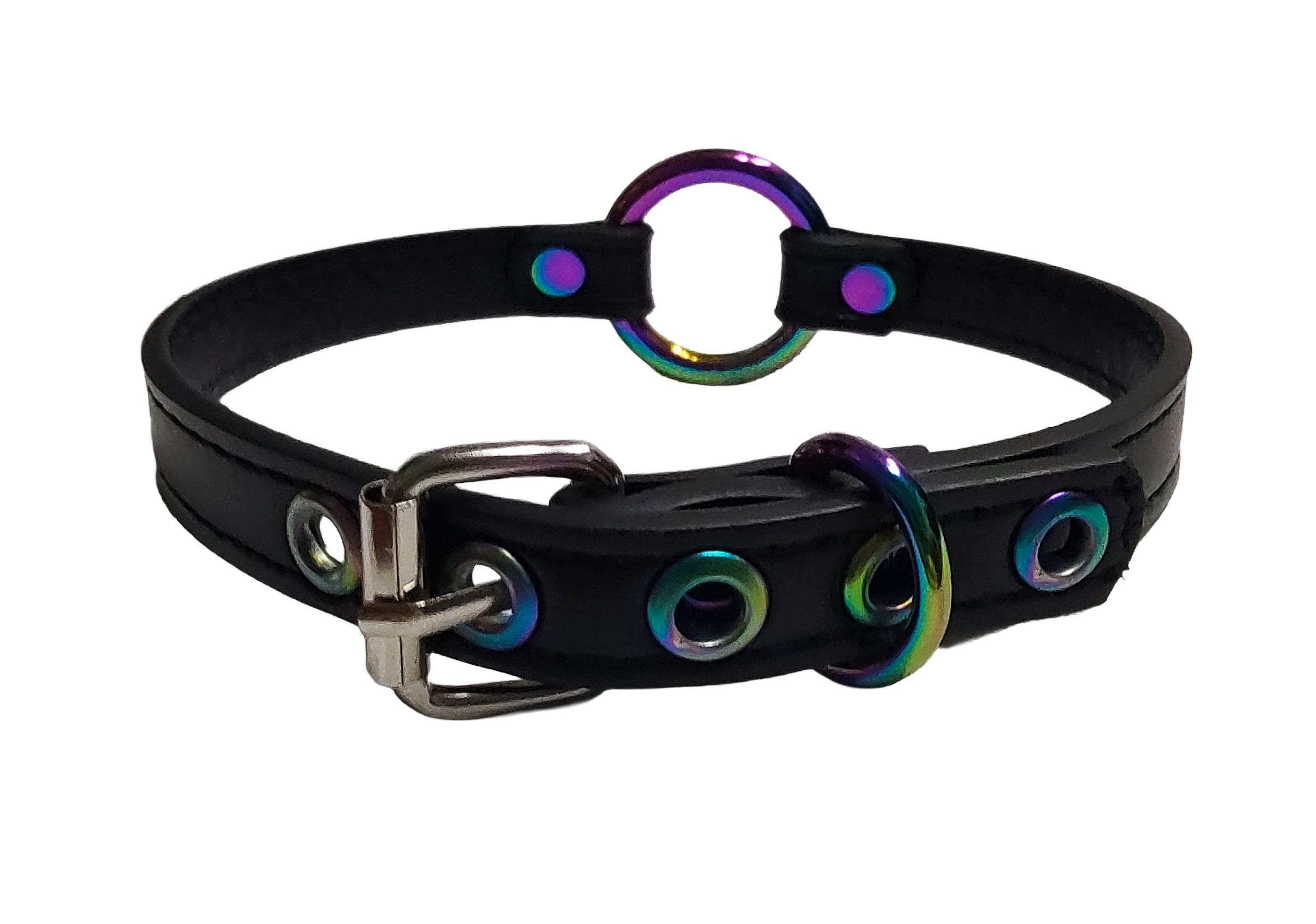 Black faux leather collar with iridescent rainbow O-ring back view