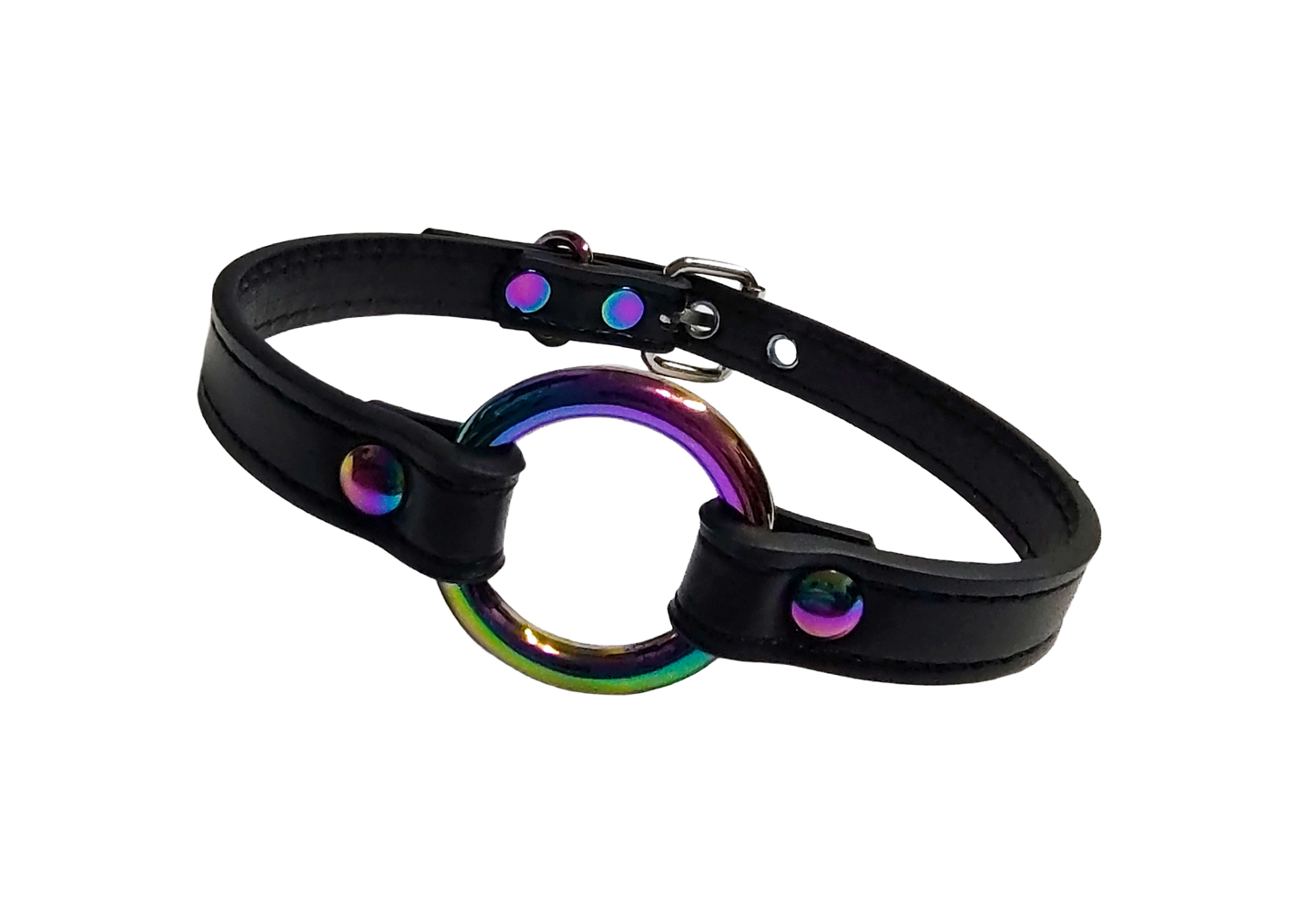 Black faux leather collar with iridescent rainbow O-ring front view