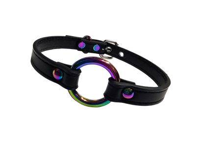 Black faux leather collar with iridescent rainbow O-ring front view