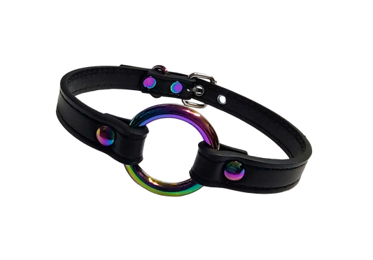 Black faux leather collar with iridescent rainbow O-ring front view
