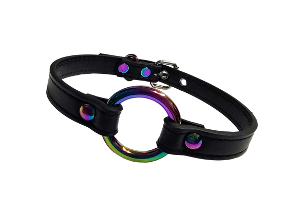 Black faux leather collar with iridescent rainbow O-ring front view