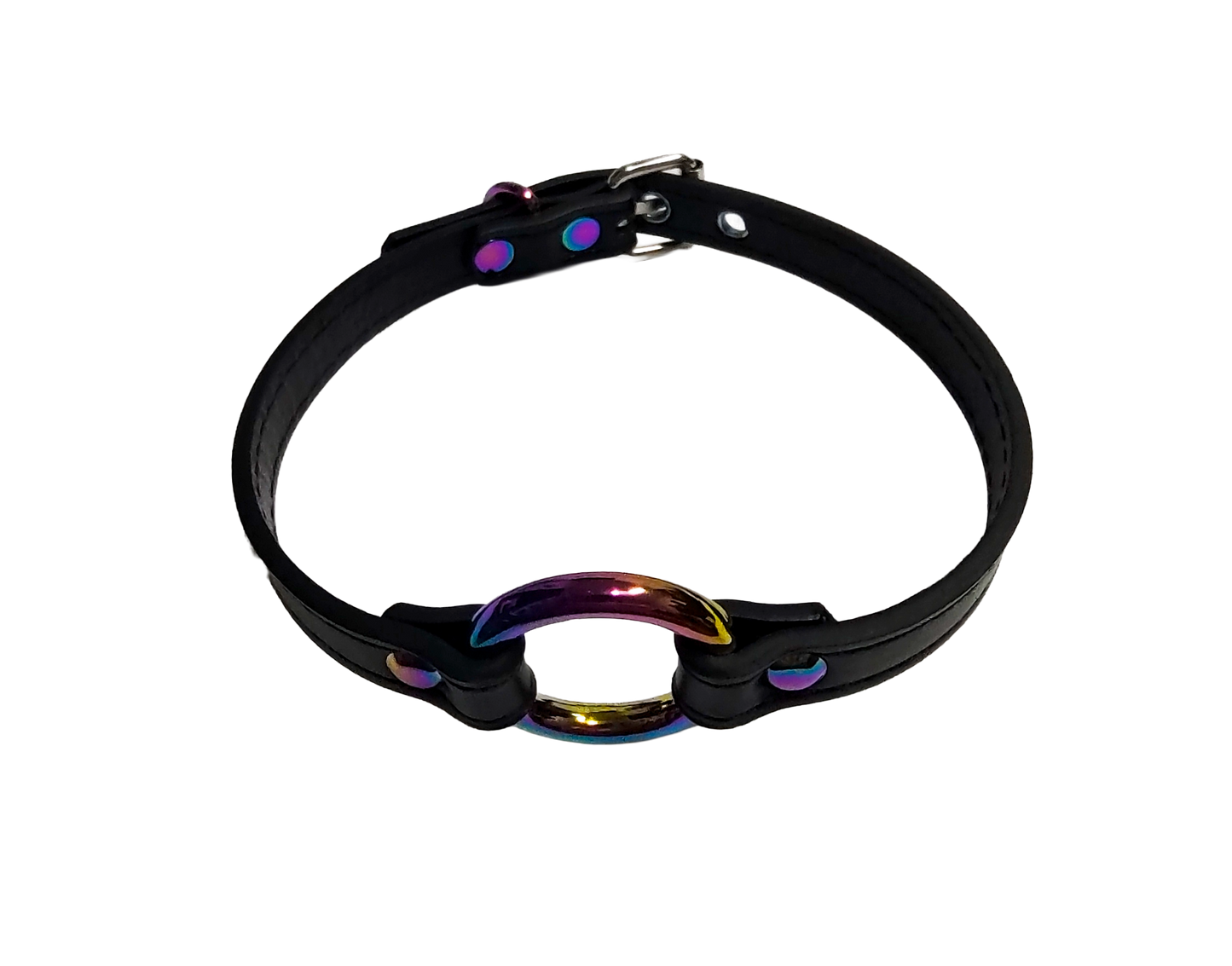 Black faux leather collar with iridescent rainbow O-ring top view