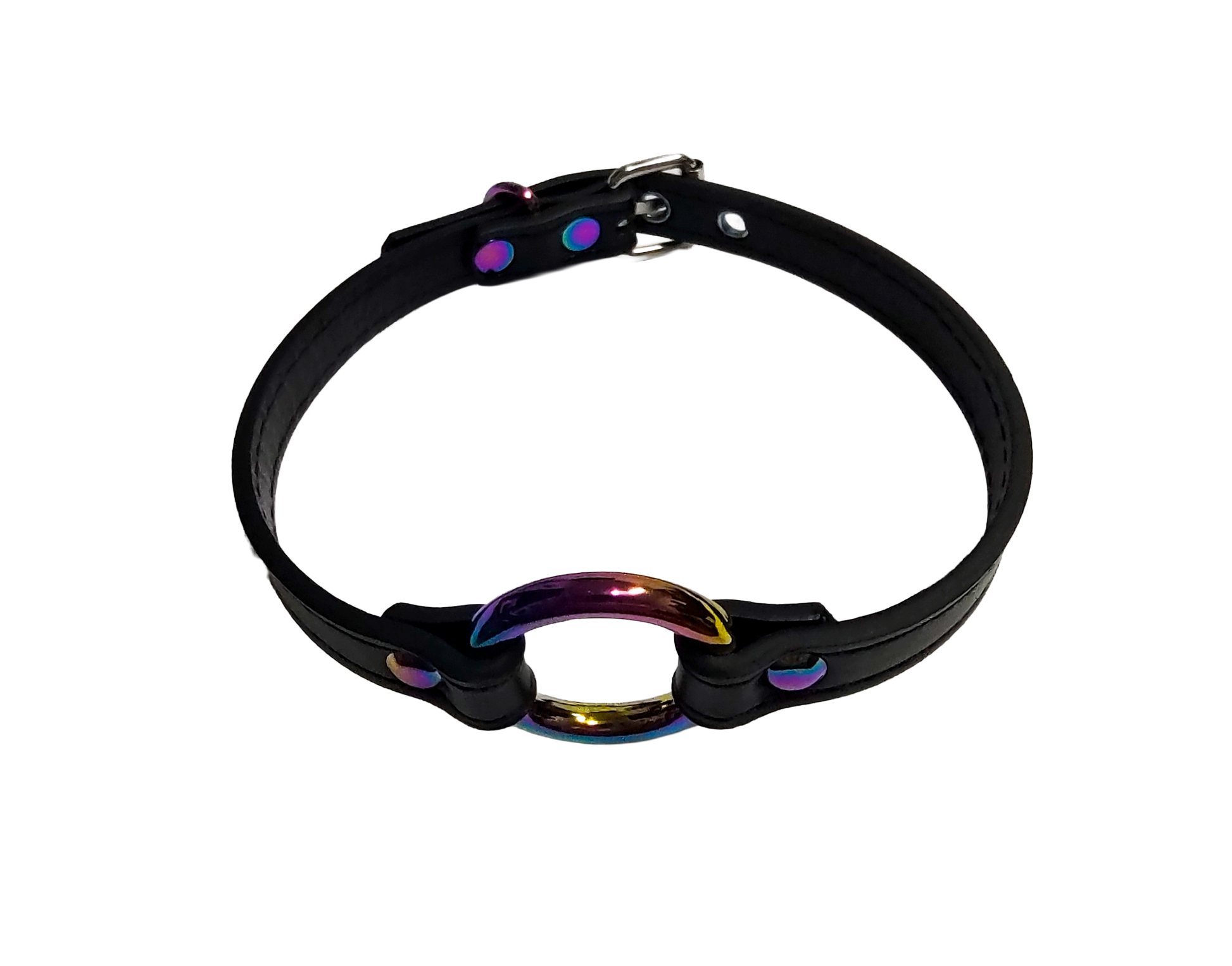 Black faux leather collar with iridescent rainbow O-ring top view
