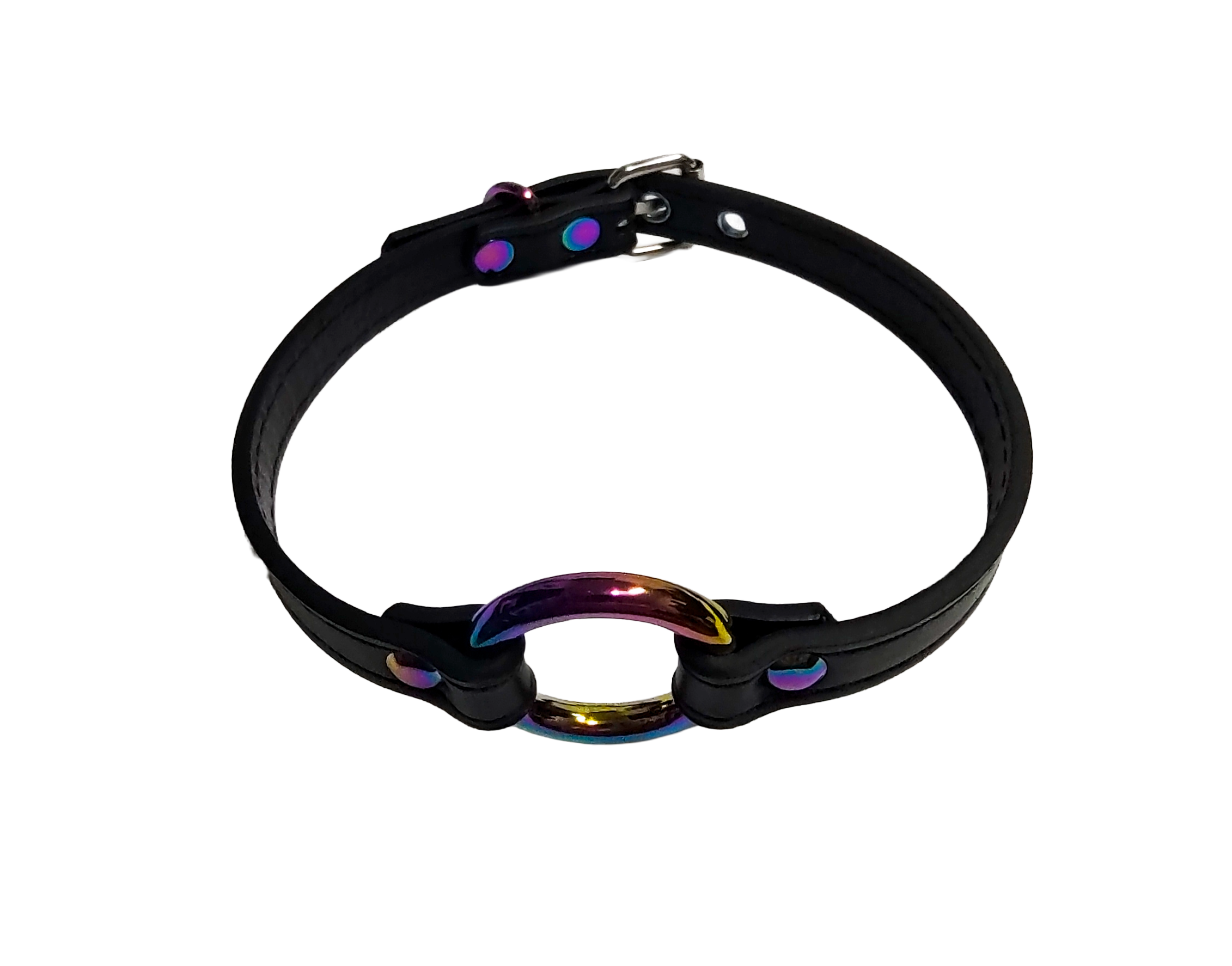Black faux leather collar with iridescent rainbow O-ring top view