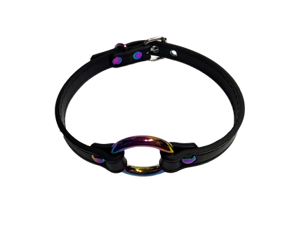 Black faux leather collar with iridescent rainbow O-ring top view