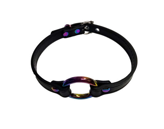 Black faux leather collar with iridescent rainbow O-ring top view