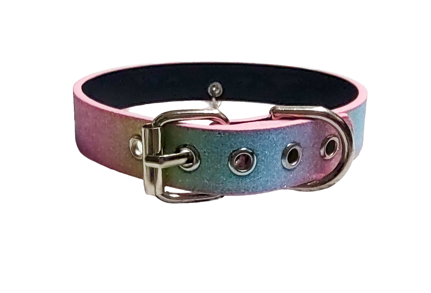Glittery pastel trans rainbow faux leather collar with kitten bell back view