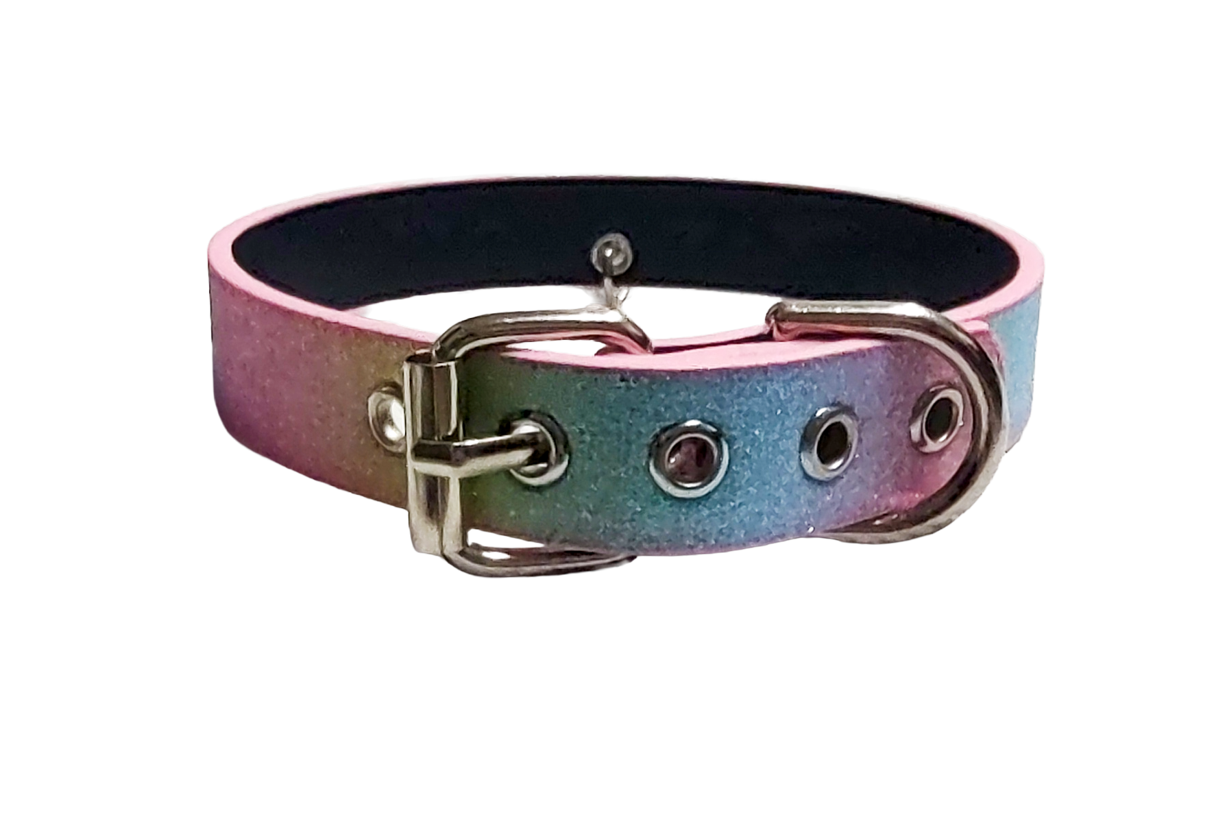 Glittery pastel trans rainbow faux leather collar with kitten bell back view