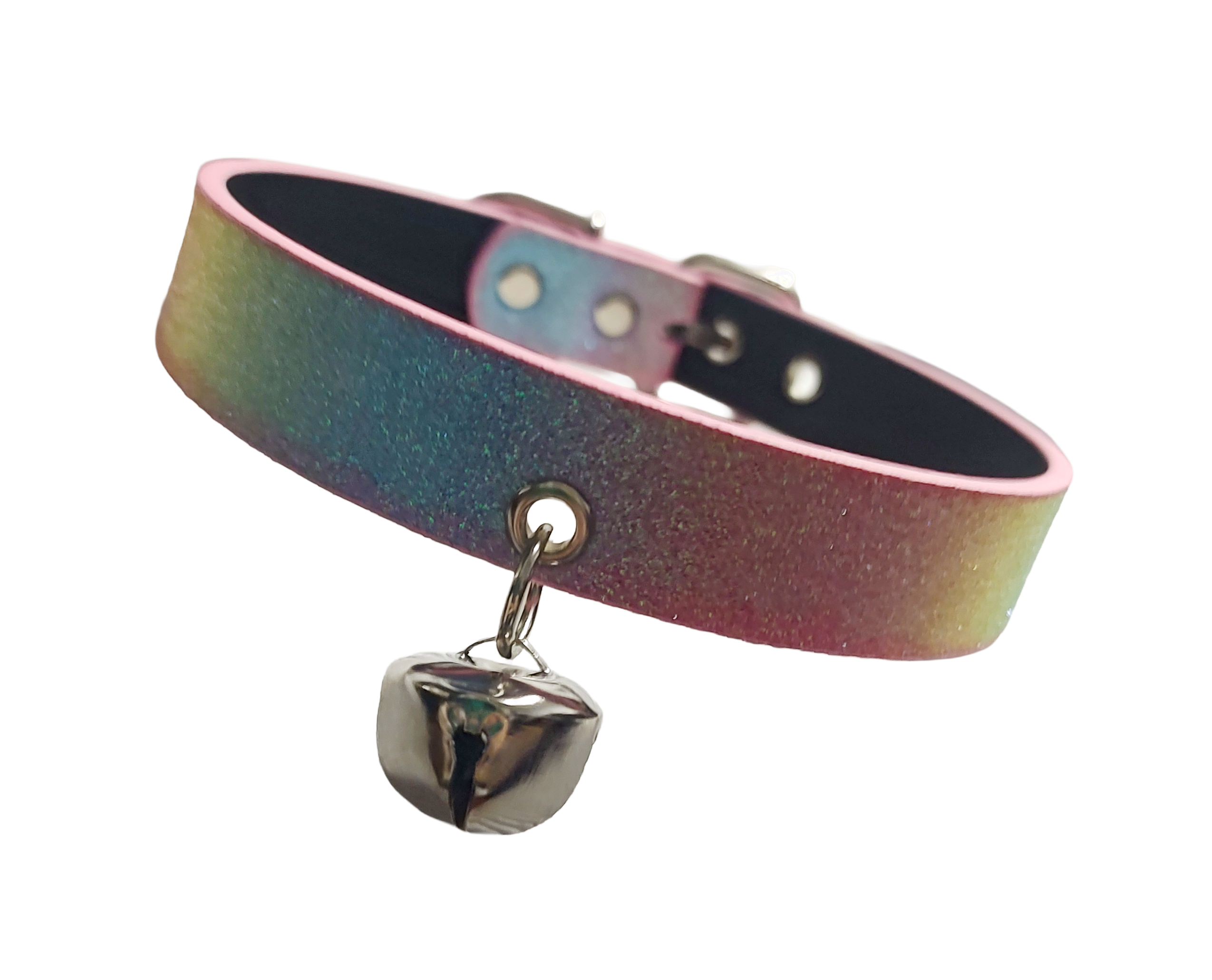 Glittery pastel trans rainbow faux leather collar with kitten bell front view