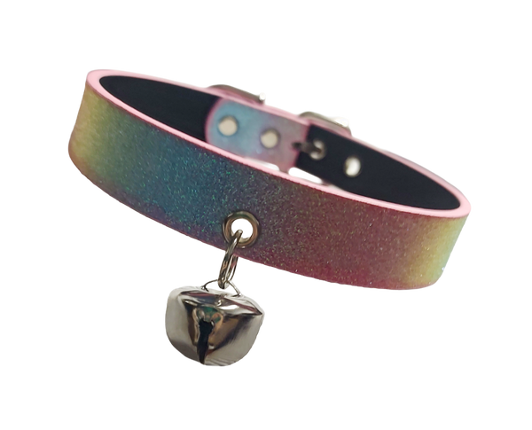 Glittery pastel trans rainbow faux leather collar with kitten bell front view