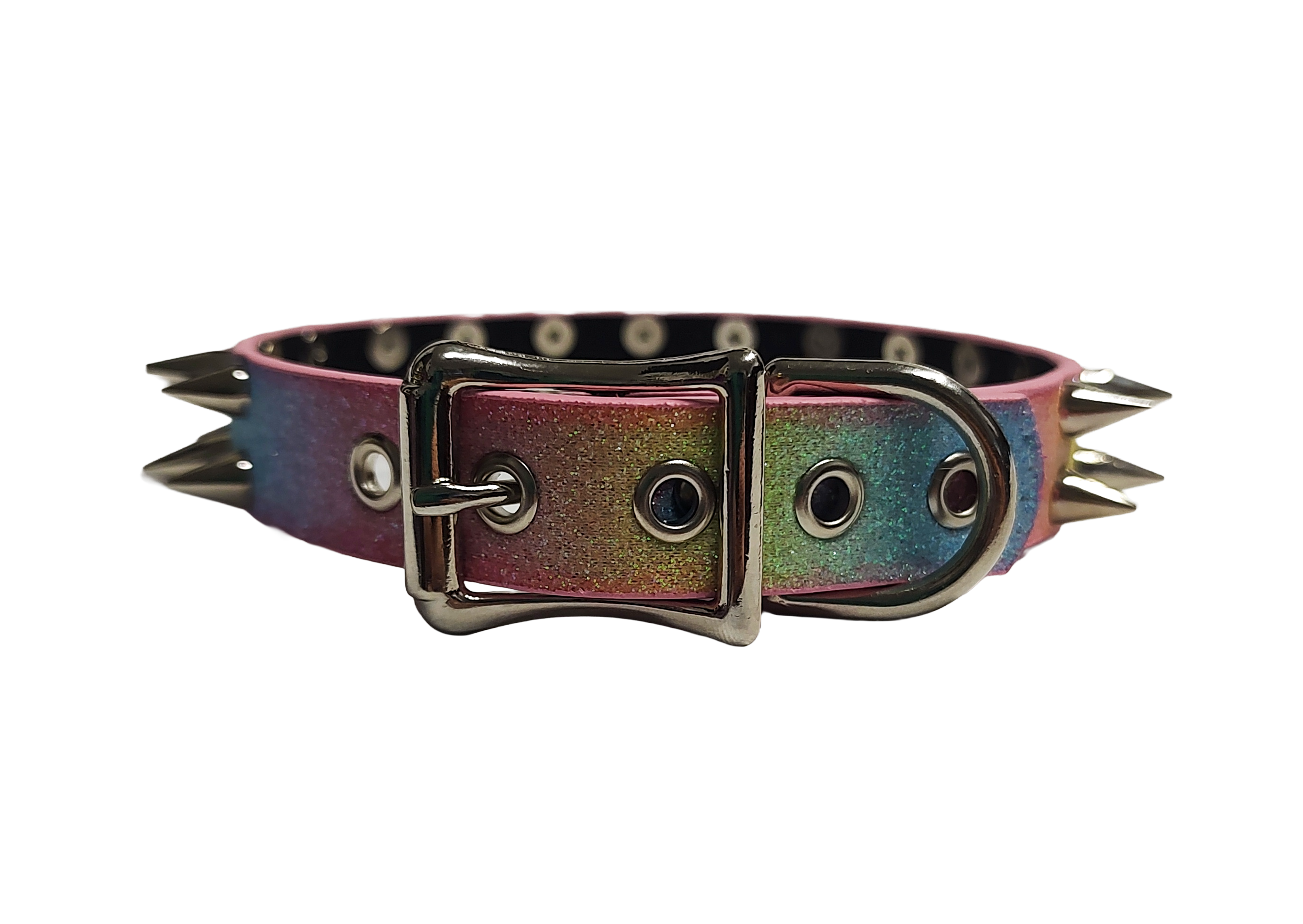 SkyStripe Uprising Double Spiked Pride Collar - Faux Leather Pastel Rainbow Glittery Trans Spike Pride Choker Collar