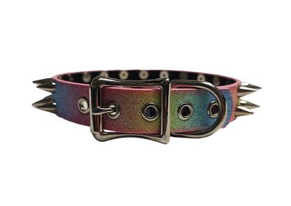 SkyStripe Uprising Double Spiked Pride Collar - Faux Leather Pastel Rainbow Glittery Trans Spike Pride Choker Collar