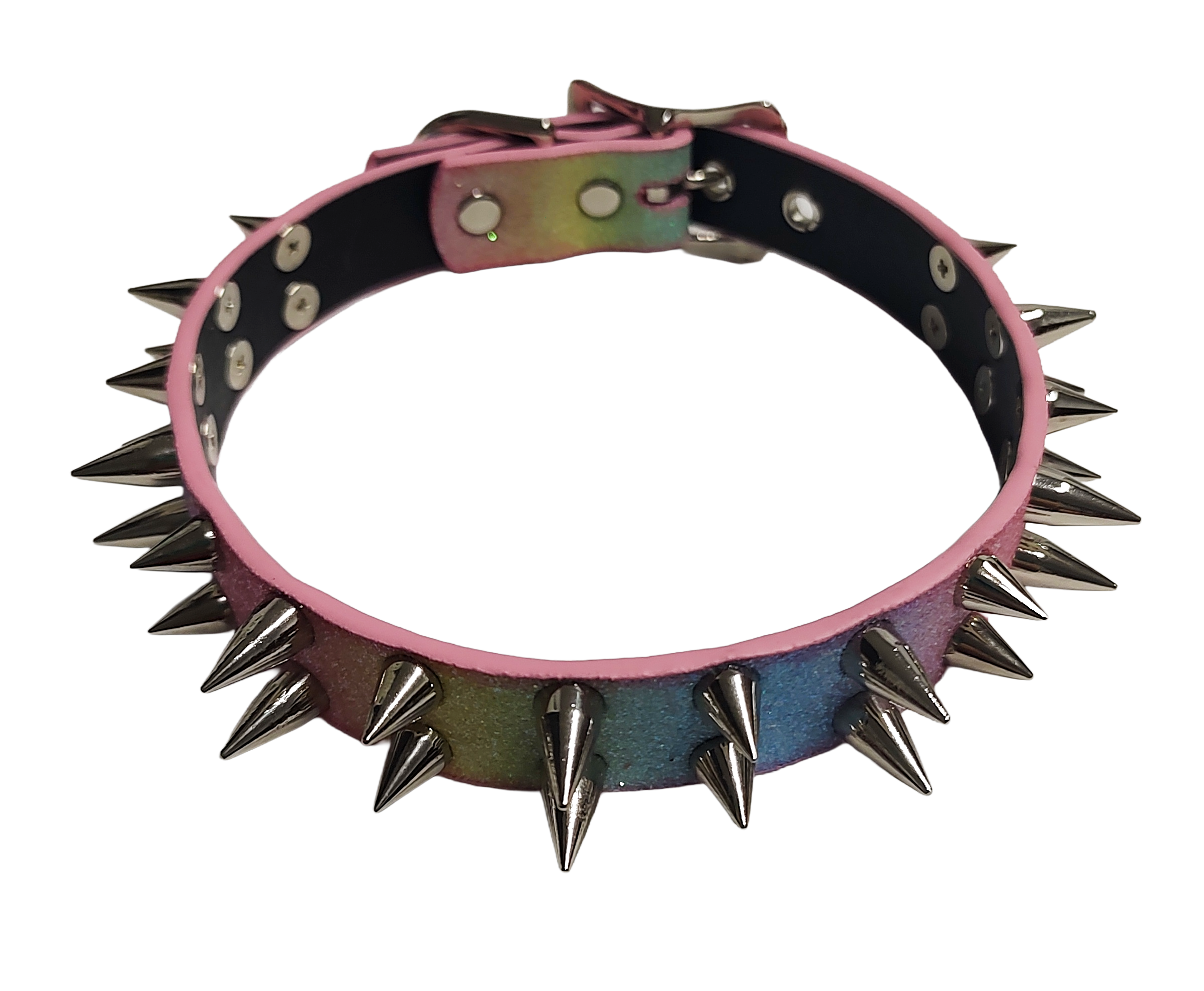 SkyStripe Uprising Double Spiked Pride Collar - Faux Leather Pastel Rainbow Glittery Trans Spike Pride Choker Collar