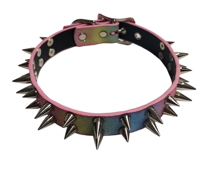 SkyStripe Uprising Double Spiked Pride Collar - Faux Leather Pastel Rainbow Glittery Trans Spike Pride Choker Collar