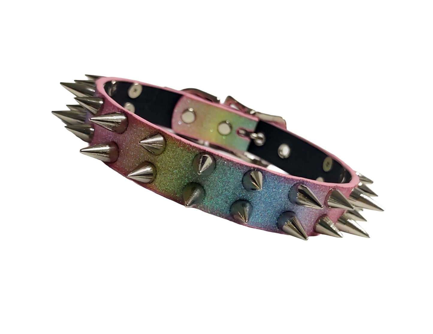 SkyStripe Uprising Double Spiked Pride Collar - Faux Leather Pastel Rainbow Glittery Trans Spike Pride Choker Collar