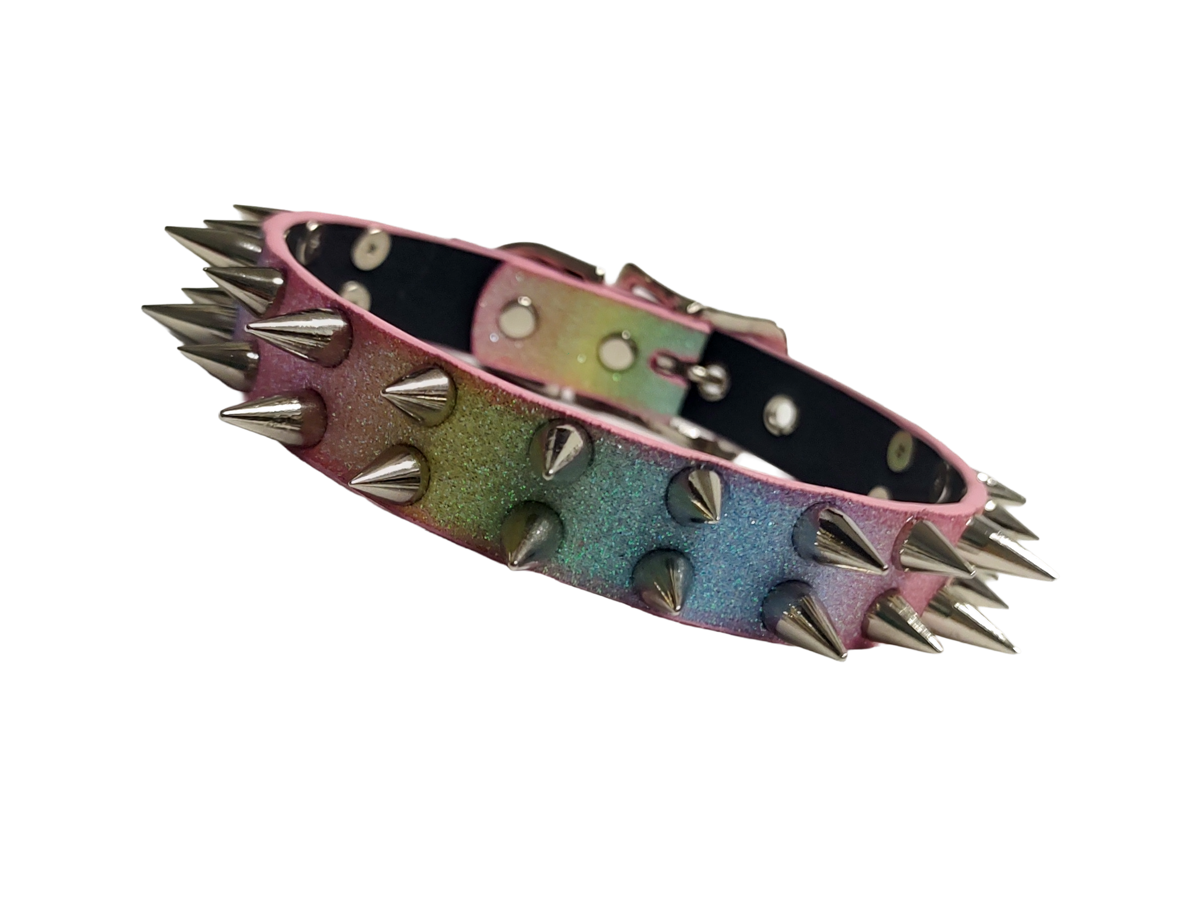 SkyStripe Uprising Double Spiked Pride Collar - Faux Leather Pastel Rainbow Glittery Trans Spike Pride Choker Collar