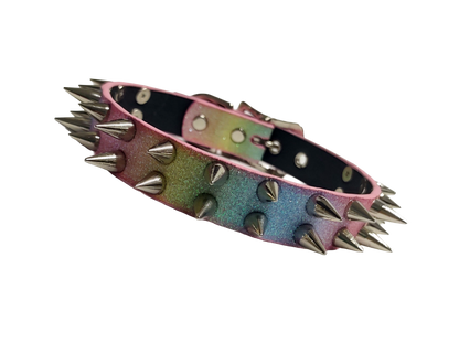 SkyStripe Uprising Double Spiked Pride Collar - Faux Leather Pastel Rainbow Glittery Trans Spike Pride Choker Collar