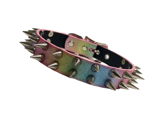 SkyStripe Uprising Double Spiked Pride Collar - Faux Leather Pastel Rainbow Glittery Trans Spike Pride Choker Collar