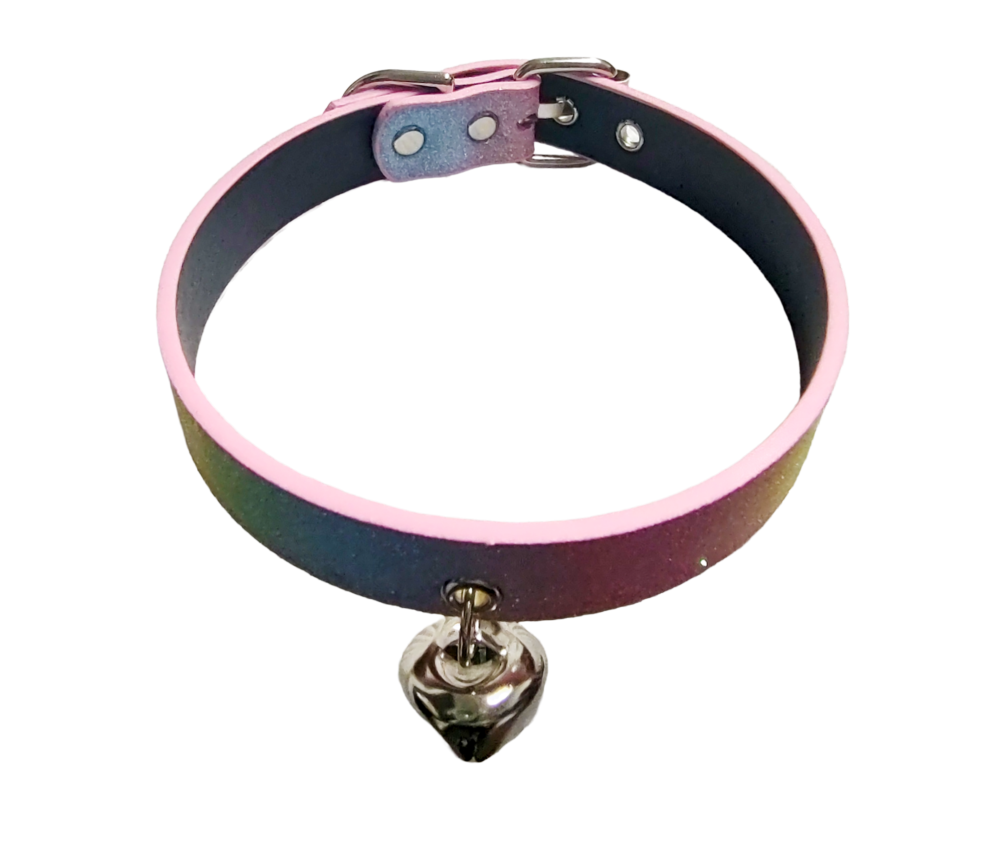 Glittery pastel trans rainbow faux leather collar with kitten bell top view