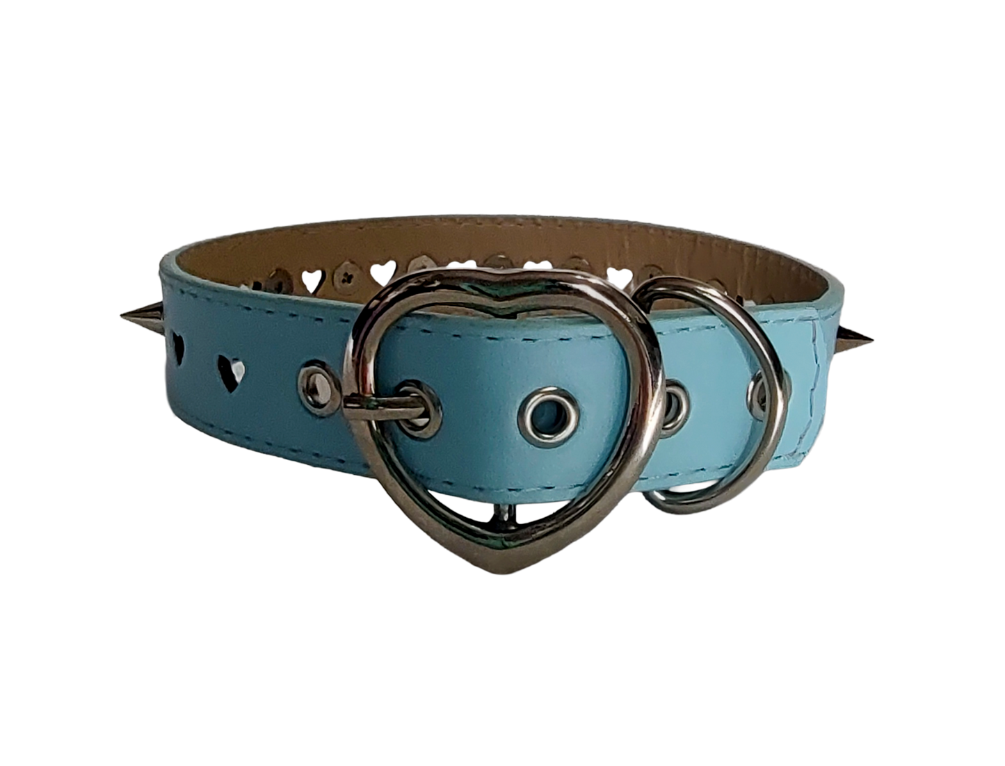 Light blue faux leather heart cut out spiked collar back view