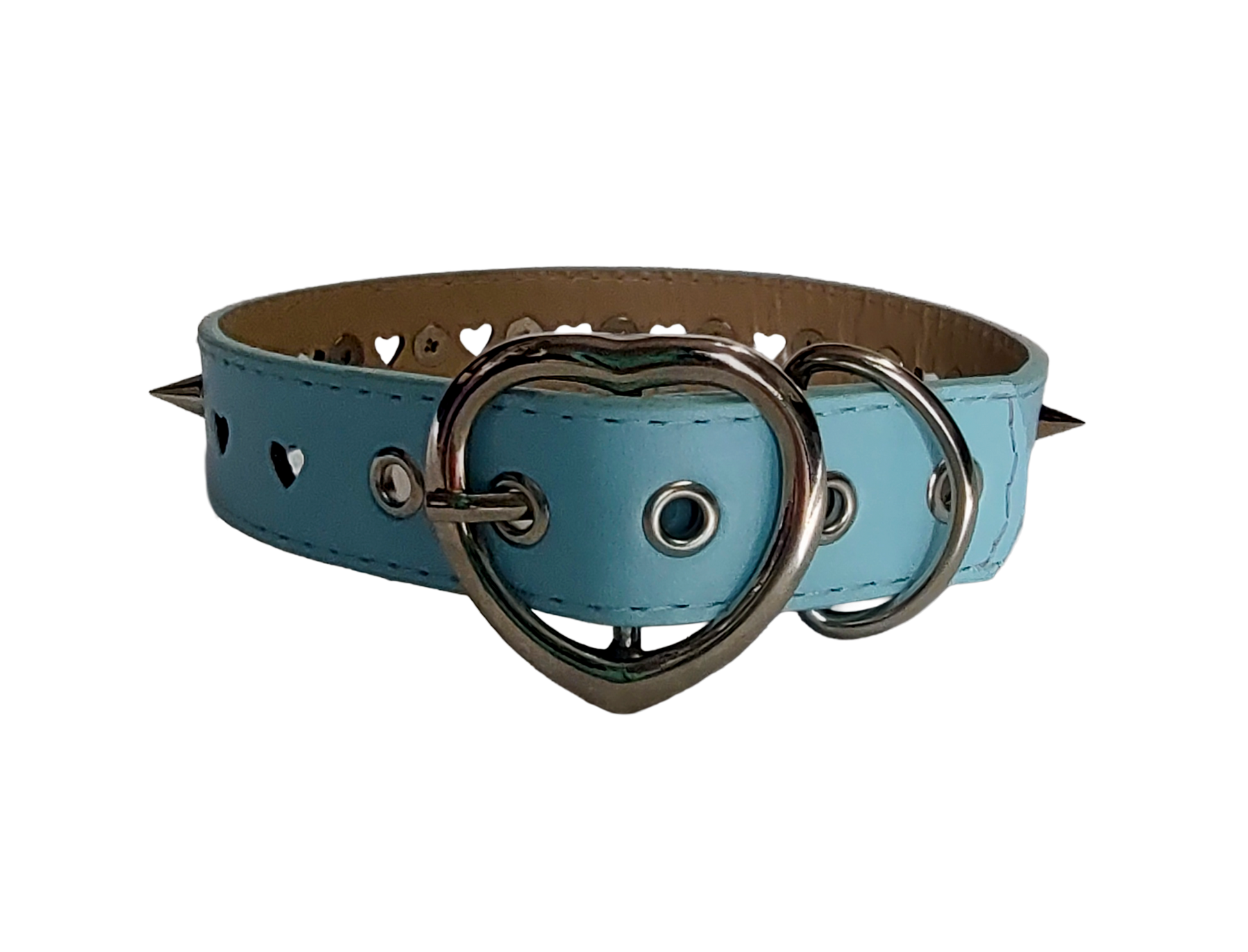 Light blue faux leather heart cut out spiked collar back view