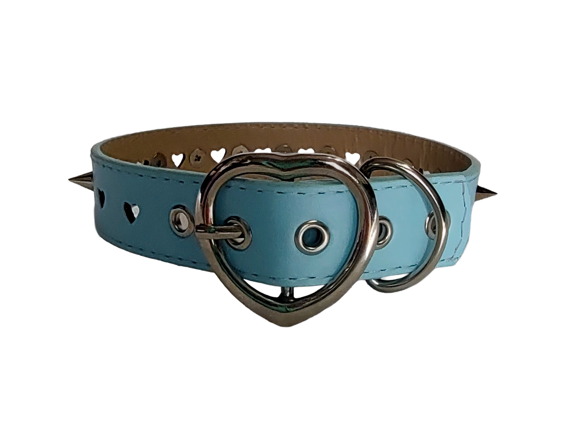 Light blue faux leather heart cut out spiked collar back view