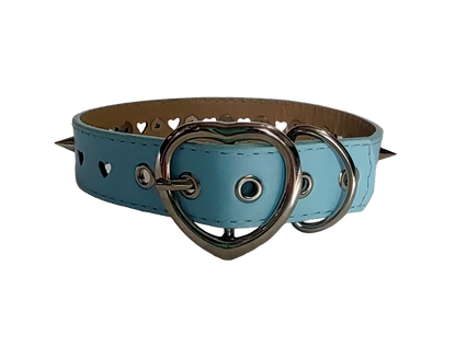 Light blue faux leather heart cut out spiked collar back view