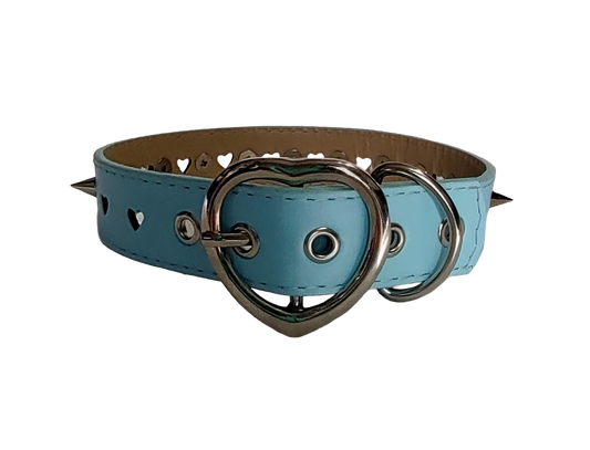 Light blue faux leather heart cut out spiked collar back view