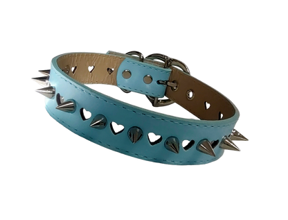Light blue faux leather heart cut out spiked collar front view
