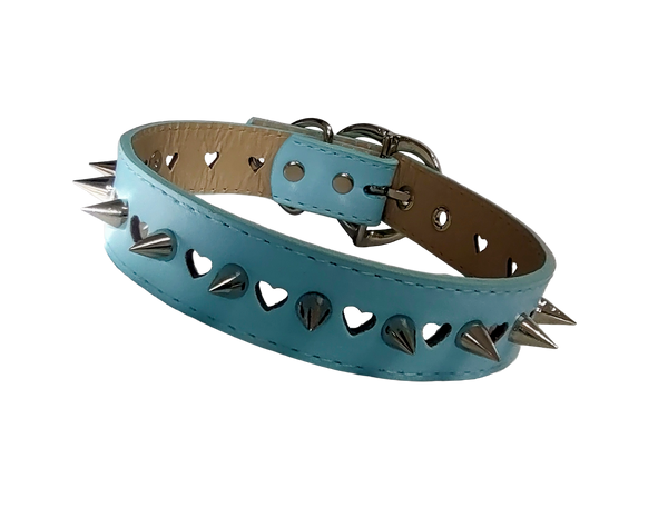 Light blue faux leather heart cut out spiked collar front view